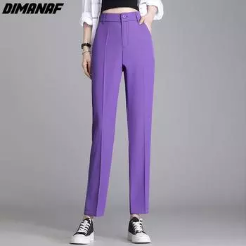 DIMANAF 2023 Большие размеры летние длинные брюки женские эластичные шаровары свободные прямые повседневные женские базовые брюки фиолетового цвета
