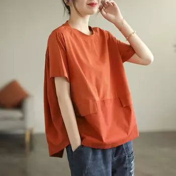 DIMANAF 2023 Большие размеры летние женские футболки хлопковые однотонные топы с круглым вырезом футболки свободная повседневная одежда оранжевого цвета