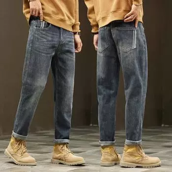DIMANAF 2023 Большие размеры Мужские осенние синие джинсы Длинные брюки Новые свободные винтажные эластичные брюки с высокой талией Базовые повседневные шаровары Мужские брюки полной длины