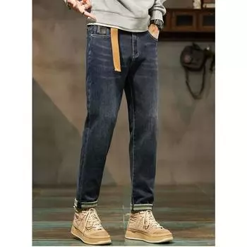 DIMANAF 2023 Большие размеры Новые флисовые осенне-зимние джинсы Длинные брюки Мужские эластичные свободные винтажные повседневные повседневные брюки с высокой талией Базовые модные мужские брюки-шаровары