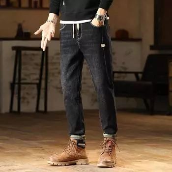 DIMANAF 2023 Большие размеры Новые осенне-зимние джинсы Длинные брюки Синие мужские эластичные талии Повседневные брюки с высокой талией Толстые базовые стильные свободные модные мужские брюки