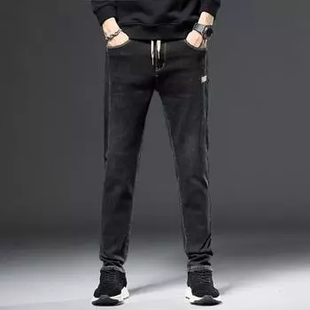 DIMANAF 2023 Большие размеры, осенние джинсы, длинные брюки, синие мужские эластичные свободные винтажные повседневные базовые стильные толстые мужские брюки с высокой талией