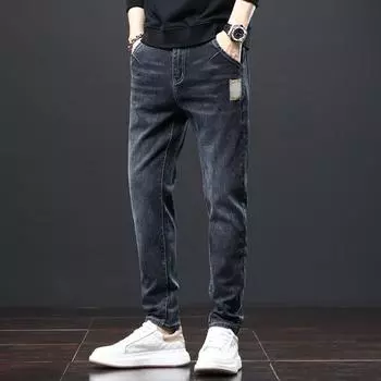 DIMANAF 2023 Большие размеры Осенние джинсы Повседневные длинные брюки Однотонные мужские эластичные винтажные толстые свободные брюки с высокой талией Базовая мода Шаровары Джинсовые брюки полной длины 28 чёрный