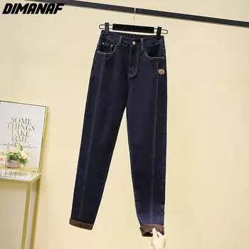 DIMANAF 2023 Большие размеры, осенние джинсы, джинсовые длинные брюки, женские эластичные свободные повседневные хлопковые толстые флисовые теплые зимние брюки