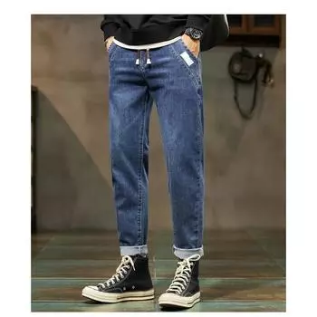 DIMANAF 2023 Большие размеры Осенние джинсы Длинные синие мужские эластичные свободные винтажные повседневные базовые модные шаровары с высокой талией Мужские новые брюки