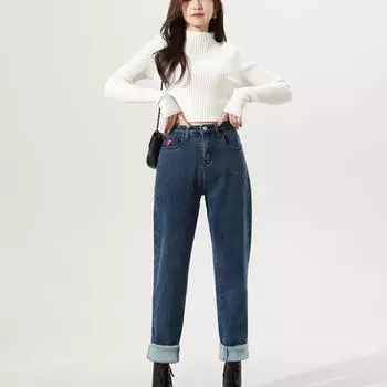 DIMANAF 2023 Большие размеры, осенние джинсы, длинные брюки, женские эластичные свободные флисовые винтажные повседневные базовые женские брюки-шаровары с высокой талией