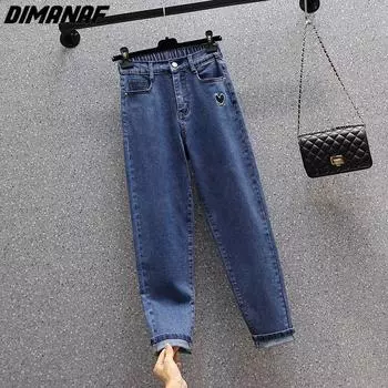 DIMANAF 2023 Большие размеры осенние джинсы женские эластичные длинные брюки свободные винтажные синие повседневные базовые женские тонкие брюки с высокой талией