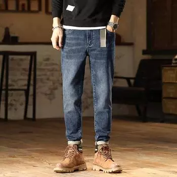 DIMANAF 2023 Большие размеры Осенние джинсы Длинные брюки Синие мужские эластичные талии Свободные винтажные повседневные брюки с высокой талией Базовый стиль Толстые новые модные мужские брюки