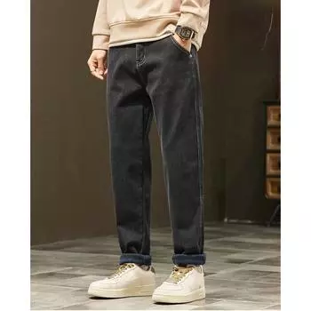 DIMANAF 2023 Большие размеры Осенние мужские флисовые джинсы Длинные брюки Толстые эластичные свободные винтажные повседневные брюки с высокой талией Базовые модные мужские брюки-шаровары