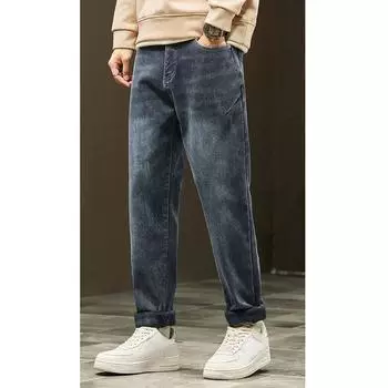 DIMANAF 2023 Большие размеры, осенние мужские джинсы, длинные брюки, толстые эластичные свободные винтажные повседневные брюки с высокой талией, базовые модные мужские брюки-шаровары