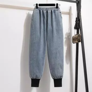 DIMANAF 2023 Большие размеры, осенние женские джинсы, длинные брюки, эластичные свободные повседневные модные шаровары с высокой талией, толстые женские брюки 5XL