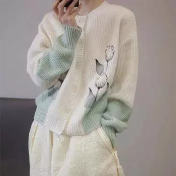 DIMANAF 2023 Большие размеры Осенние женские свитера с цветочным принтом Куртка Вязание Мода Oversize Повседневный стиль Свободный кардиган Белый свитер