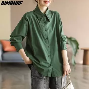 DIMANAF 2023 Большие размеры, весенняя блузка с пуговицами, повседневная рубашка с длинным рукавом, женская клетчатая одежда с принтом, свободная одежда с длинным рукавом M белый