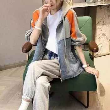 DIMANAF 2023 Большие размеры Женская куртка Джинсовые лоскутные пальто Женские повседневные свободные с круглым вырезом с капюшоном