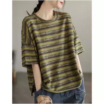 DIMANAF 2023 Большие размеры, женские летние топы, повседневный стиль, полосатая футболка с рукавами, свободный стиль для женщин