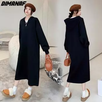 DIMANAF 2023 Большие размеры, женское осенне-зимнее новое свободное платье с длинными рукавами, хлопковое плотное теплое однотонное черное женское платье с капюшоном