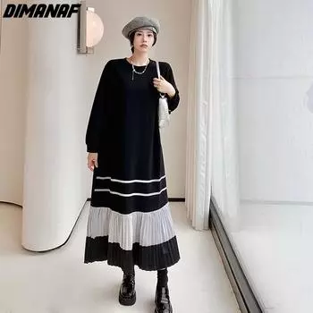 DIMANAF 2023 Большие размеры женское осенне-зимнее новое свободное платье с длинными рукавами хлопковое вязаное плотное плиссированное платье-рубашка
