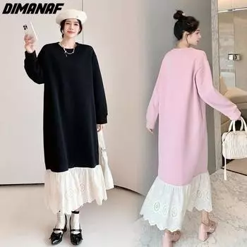 DIMANAF 2023 Большие размеры, женское осенне-зимнее новое свободное свободное платье с длинными рукавами и цветочным принтом, плотная теплая однотонная сращенная женская одежда с круглым вырезом
