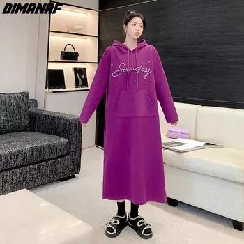 DIMANAF 2023 Большие размеры, женское осенне-зимнее новое свободное платье с капюшоном и длинными рукавами, плотная теплая модная женская одежда с бисером