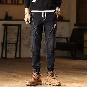 DIMANAF 2023 Большие размеры Зима Осень Джинсы Длинные брюки Синие мужские эластичные талии Свободные повседневные брюки с высокой талией Базовый стиль Толстые новые модные мужские брюки