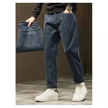 DIMANAF 2023 Большие размеры, зимние мужские флисовые джинсы, длинные брюки, толстые свободные брюки с вышивкой и принтом, винтажные повседневные брюки с высокой талией, базовые эластичные модные брюки