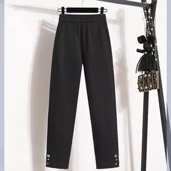 DIMANAF 2023 Длинные брюки больших размеров женские эластичные свободные брюки с высокой талией винтажные однотонные хлопковые свободные повседневные женские базовые брюки брюки полной длины 2XL чёрный