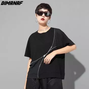 DIMANAF 2023 футболка больших размеров, летняя стильная блузка, повседневная однотонная женская рубашка с круглым вырезом в стиле панк, свободная рубашка с короткими рукавами, черная M чёрный