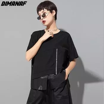 DIMANAF 2023 футболка больших размеров, летняя стильная блузка, повседневная женская одежда на молнии с круглым вырезом, свободная рубашка с короткими рукавами, черная M чёрный