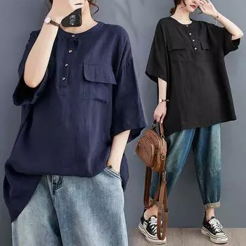DIMANAF 2023 футболка больших размеров, новая летняя стильная винтажная футболка с принтом, повседневная женская свободная рубашка, футболки, повседневная цветная льняная рубашка с круглым вырезом на пуговицах One-Size темно-синий