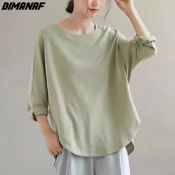 DIMANAF 2023 футболка женская весенняя футболка с длинными рукавами в стиле «летучая мышь» хлопковые корейские свободные зеленые топы с круглым вырезом однотонные футболки зеленые One Size зелёный