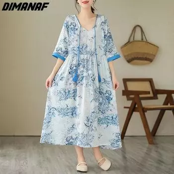 DIMANAF 2023 Летнее длинное платье больших размеров, пляжное женское свободное платье с цветочным принтом и v-образным вырезом
