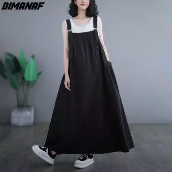 DIMANAF 2023 летнее платье больших размеров женское хлопковое джинсовое черное свободное длинное платье винтажное повседневное без рукавов оверсайз XL чёрный