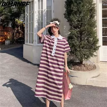 DIMANAF 2023 Летнее платье больших размеров, пляжное женское длинное хлопковое полосатое платье с принтом, свободные платья 7537