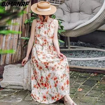 DIMANAF 2023 летнее платье больших размеров пляжное женское льняное платье с поясом и цветочным принтом без рукавов свободные винтажные платья