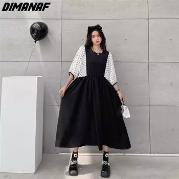 DIMANAF 2023, летнее платье-футболка больших размеров, пляжное женское свободное платье в горошек с лоскутным принтом 9841