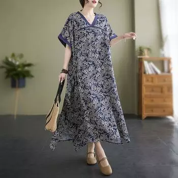 DIMANAF 2023 летнее платье-футболка больших размеров женское полосатое вязаное свободное льняное длинное платье пляжное платье миди повседневные платья однотонные женские с круглым вырезом one size темно-синий