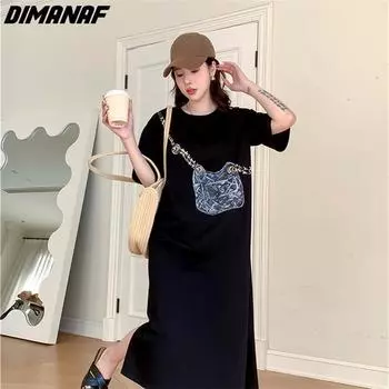 DIMANAF 2023, летнее платье-футболка больших размеров, пляжное женское хлопковое платье с узором и принтом, свободные длинные платья 6705 XL чёрный