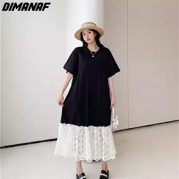 DIMANAF 2023, летнее платье-футболка больших размеров, женское хлопковое свободное кружевное платье, пляжное сетчатое женское платье белого цвета
