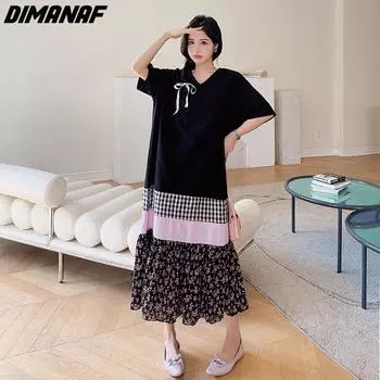 DIMANAF 2023, летнее платье-футболка больших размеров, женское свободное платье с цветочным принтом и v-образным вырезом, пляжные повседневные женские платья с круглым вырезом