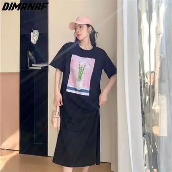 DIMANAF 2023, летнее платье-футболка больших размеров, пляжное женское хлопковое платье с узором и принтом, свободные длинные платья 6703