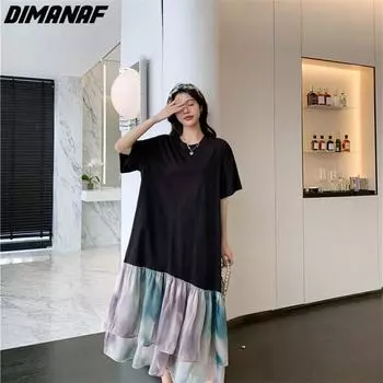 DIMANAF 2023, летнее платье-футболка больших размеров, женское хлопковое свободное платье, пляжное сетчатое женское платье с круглым вырезом XL чёрный