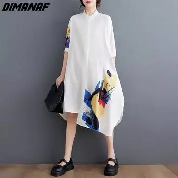 DIMANAF 2023, летнее платье-футболка больших размеров, женское хлопковое свободное платье с принтом, повседневные женские платья с рисунком