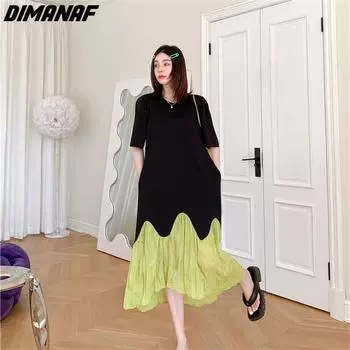 DIMANAF 2023, летнее платье-футболка больших размеров, пляжное женское хлопковое платье с узором и принтом, свободные длинные платья 5827