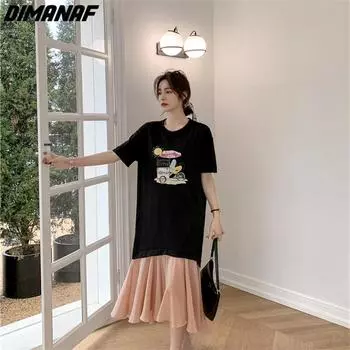 DIMANAF 2023, летнее платье-футболка больших размеров, пляжное женское хлопковое платье с узором и принтом, свободные длинные платья 5679