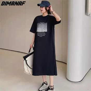 DIMANAF 2023, летнее платье-футболка больших размеров, пляжное женское платье с буквенным принтом, свободные платья большого размера, черные