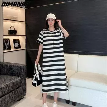 DIMANAF 2023, летнее платье-футболка больших размеров, женское полосатое свободное платье, пляжное хлопковое повседневное женское платье, платья с круглым вырезом