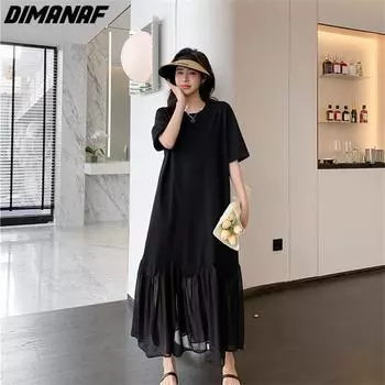 DIMANAF 2023, летнее платье-футболка больших размеров, женское хлопковое свободное платье, пляжные повседневные женские платья с круглым вырезом XL чёрный