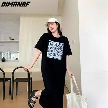 DIMANAF 2023, летнее платье-футболка больших размеров, пляжное женское хлопковое платье с узором и принтом, свободные длинные платья 6706
