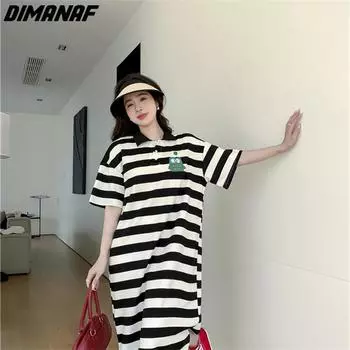 DIMANAF 2023, летнее платье-футболка больших размеров, пляжное женское хлопковое платье с узором и принтом, свободные длинные платья 6609