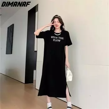 DIMANAF 2023, летнее платье-футболка больших размеров, пляжное женское хлопковое платье с узором и принтом, свободные длинные платья 6701